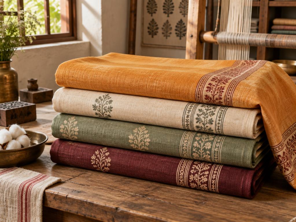Stack of printed cotton sarees